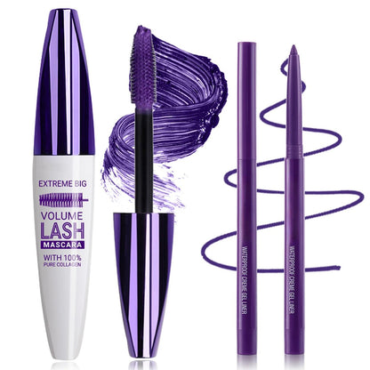 PERVALA Purple Mascara and Eyeliner Set - 5D Colored Volume & Length Waterproof Mascara for Natural Lengthening Curling - Suitable for All Skin Types (Purple Mascara + Purple Eyeliner, 0.04 oz Pack of 3)