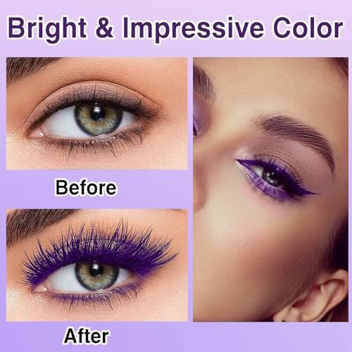 PERVALA Purple Mascara and Eyeliner Set - 5D Colored Volume & Length Waterproof Mascara for Natural Lengthening Curling - Suitable for All Skin Types (Purple Mascara + Purple Eyeliner, 0.04 oz Pack of 3) - görsel 6