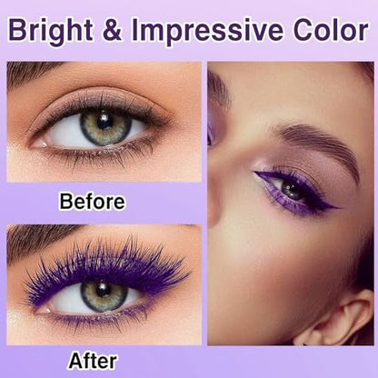 PERVALA Purple Mascara and Eyeliner Set - 5D Colored Volume & Length Waterproof Mascara for Natural Lengthening Curling - Suitable for All Skin Types (Purple Mascara + Purple Eyeliner, 0.04 oz Pack of 3)