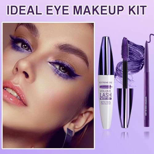 PERVALA Purple Mascara and Eyeliner Set - 5D Colored Volume & Length Waterproof Mascara for Natural Lengthening Curling - Suitable for All Skin Types (Purple Mascara + Purple Eyeliner, 0.04 oz Pack of 3) - görsel 14