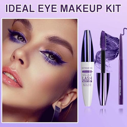 PERVALA Purple Mascara and Eyeliner Set - 5D Colored Volume & Length Waterproof Mascara for Natural Lengthening Curling - Suitable for All Skin Types (Purple Mascara + Purple Eyeliner, 0.04 oz Pack of 3)