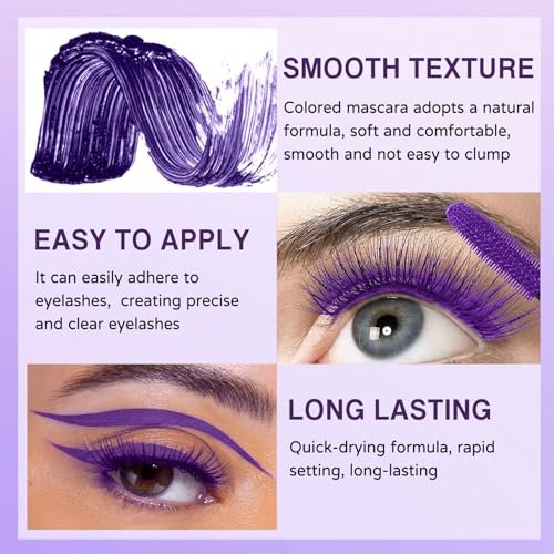 PERVALA Purple Mascara and Eyeliner Set - 5D Colored Volume & Length Waterproof Mascara for Natural Lengthening Curling - Suitable for All Skin Types (Purple Mascara + Purple Eyeliner, 0.04 oz Pack of 3) - görsel 8