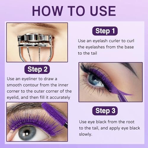 PERVALA Purple Mascara and Eyeliner Set - 5D Colored Volume & Length Waterproof Mascara for Natural Lengthening Curling - Suitable for All Skin Types (Purple Mascara + Purple Eyeliner, 0.04 oz Pack of 3) - görsel 12