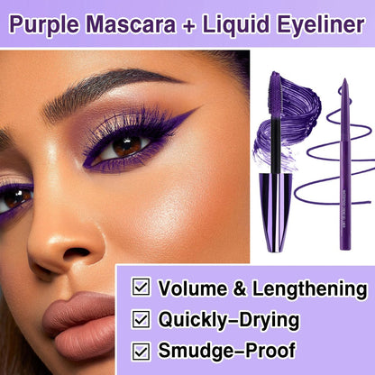 PERVALA Purple Mascara and Eyeliner Set - 5D Colored Volume & Length Waterproof Mascara for Natural Lengthening Curling - Suitable for All Skin Types (Purple Mascara + Purple Eyeliner, 0.04 oz Pack of 3)