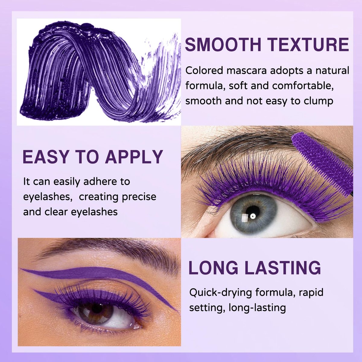 PERVALA Purple Mascara and Eyeliner Set - 5D Colored Volume & Length Waterproof Mascara for Natural Lengthening Curling - Suitable for All Skin Types (Purple Mascara + Purple Eyeliner, 0.04 oz Pack of 3) - görsel 7