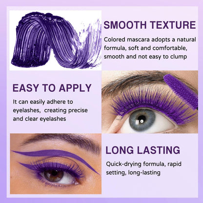 PERVALA Purple Mascara and Eyeliner Set - 5D Colored Volume & Length Waterproof Mascara for Natural Lengthening Curling - Suitable for All Skin Types (Purple Mascara + Purple Eyeliner, 0.04 oz Pack of 3)