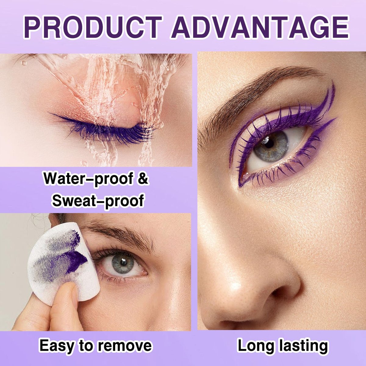 PERVALA Purple Mascara and Eyeliner Set - 5D Colored Volume & Length Waterproof Mascara for Natural Lengthening Curling - Suitable for All Skin Types (Purple Mascara + Purple Eyeliner, 0.04 oz Pack of 3) - görsel 9