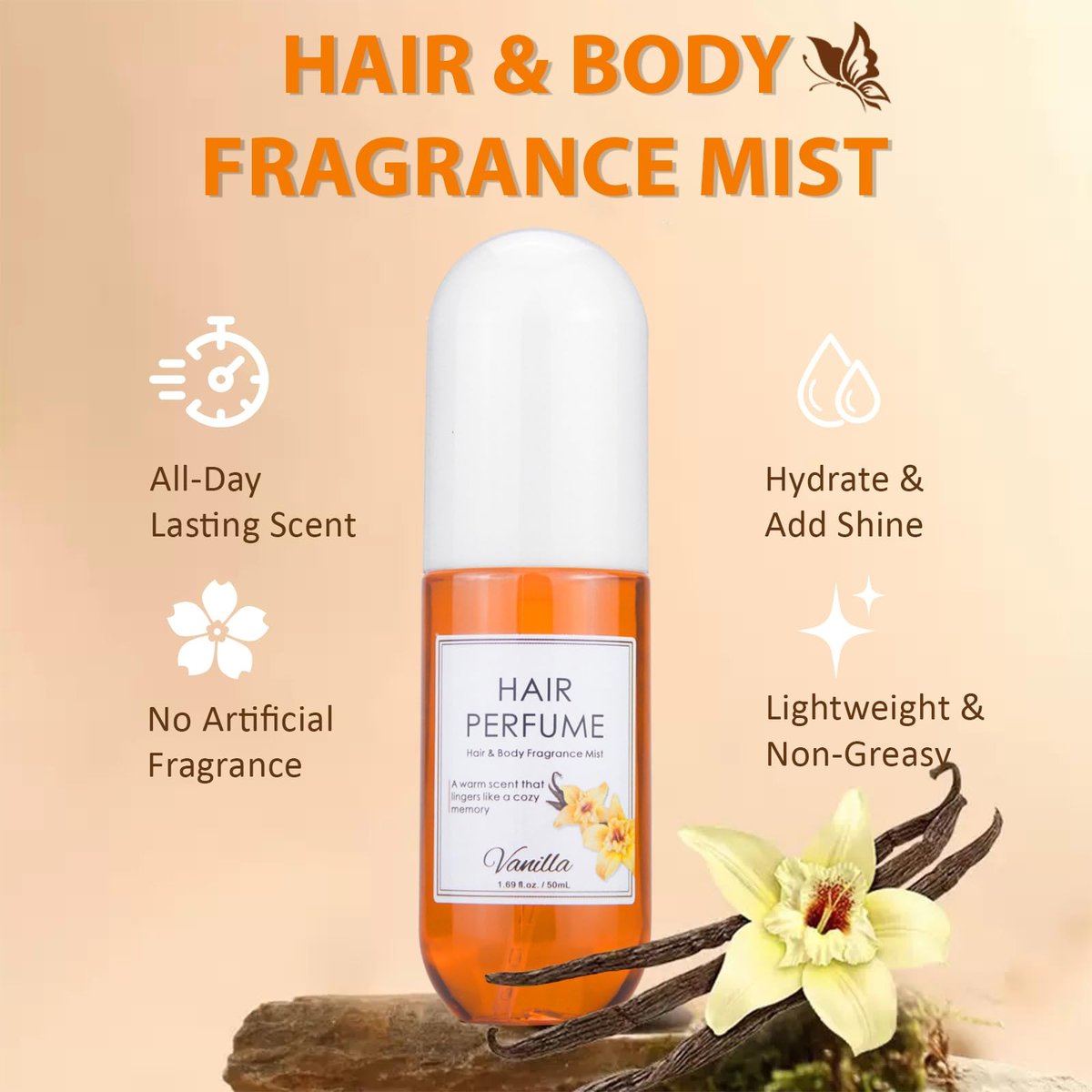 Vanilla Hair & Body Perfume Spray – Pheromones Perfume for Women, Long-Lasting Fragrance Mist, Frizz Control & Shine-Enhancing, Nourishing Hair Repair Mist, Alcohol-Free Travel Size 1.69 oz Avelisse