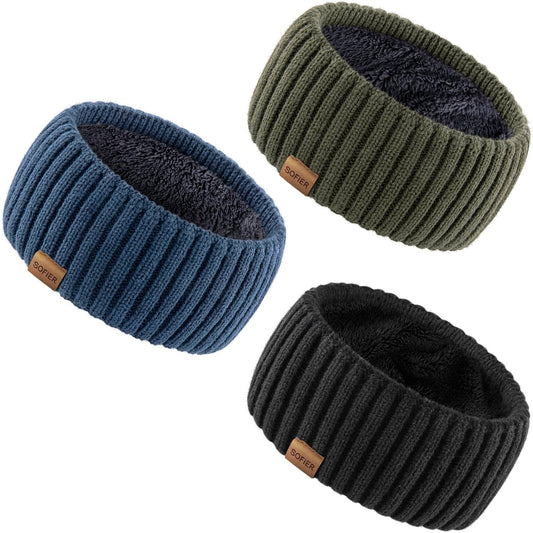 Sofier Winter Headbands for Women 3 Pack - Knit Ear Muffs with Thick Fleece Lined Cold Weather Ear Warmers (Blue)