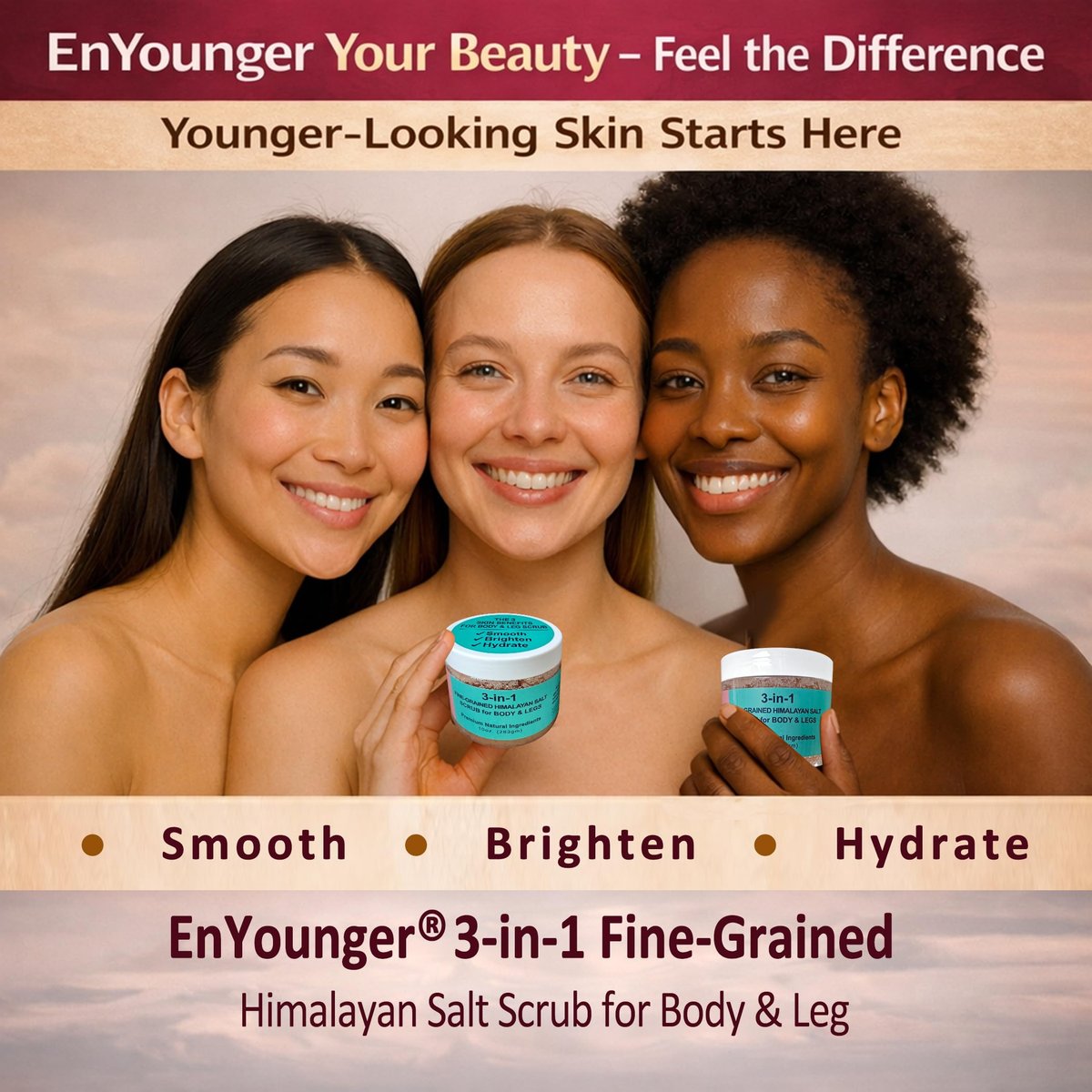 EnYounger™ 3-in-1 Fine-Grained Himalayan Salt Scrub for Body & Legs – Exfoliate, Smooth, Brighten & Hydrate Naturally (10 oz / 283 g) Avelisse