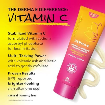 DERMA E Vitamin C Whipped Radiance Polish Face Exfoliator, 4 oz - Brightening & Gentle Dual-Action Exfoliator Avelisse