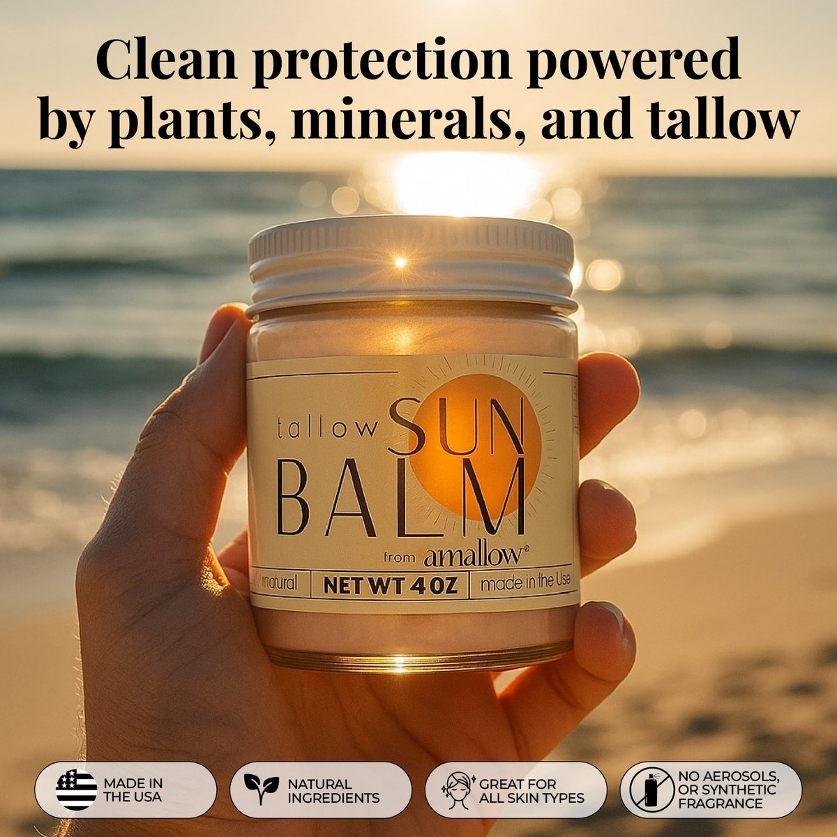 Amallow Tallow Sun Balm with Zinc Oxide - Tinted Mineral Sun Balm with Cocoa Powder - Natural, Non-Nano Zinc Oxide, Organic Oils - No White Cast - Handcrafted in the USA - 4 oz Avelisse