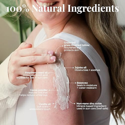 Amallow Tallow Sun Balm with Zinc Oxide - Tinted Mineral Sun Balm with Cocoa Powder - Natural, Non-Nano Zinc Oxide, Organic Oils - No White Cast - Handcrafted in the USA - 4 oz Avelisse
