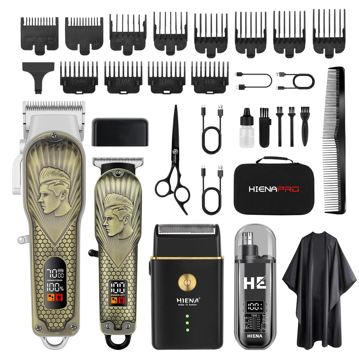 HIENA PRO Professional Hair Clippers for Men - Cordless Hair Clipper & Trimmer LED Haircut Set with Foil Shaver, Nose Trimmer, Rechargeable Clippers Avelisse