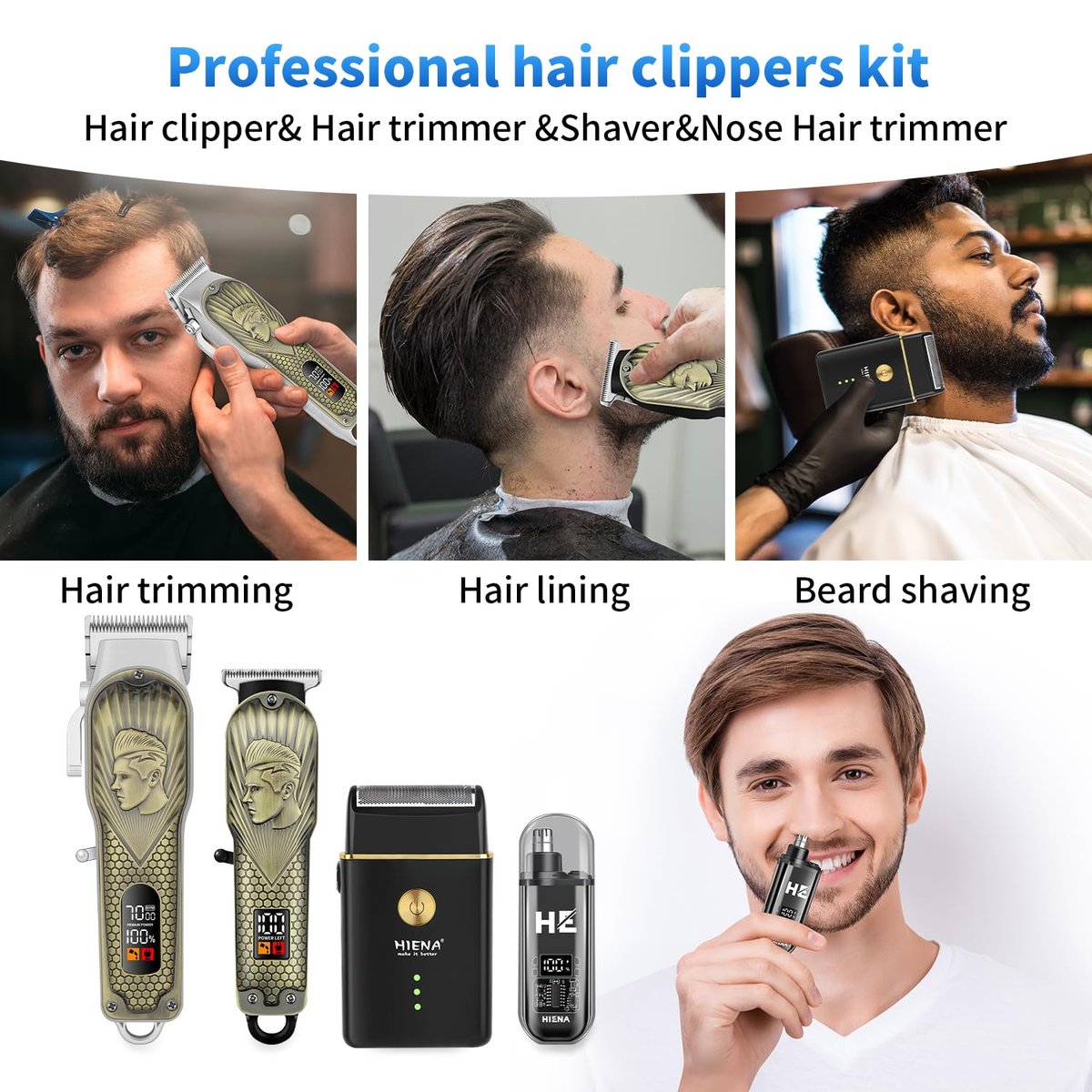 HIENA PRO Professional Hair Clippers for Men - Cordless Hair Clipper & Trimmer LED Haircut Set with Foil Shaver, Nose Trimmer, Rechargeable Clippers Avelisse