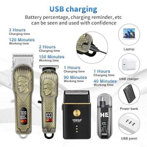 HIENA PRO Professional Hair Clippers for Men - Cordless Hair Clipper & Trimmer LED Haircut Set with Foil Shaver, Nose Trimmer, Rechargeable Clippers Avelisse