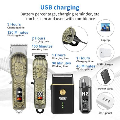 HIENA PRO Professional Hair Clippers for Men - Cordless Hair Clipper & Trimmer LED Haircut Set with Foil Shaver, Nose Trimmer, Rechargeable Clippers Avelisse