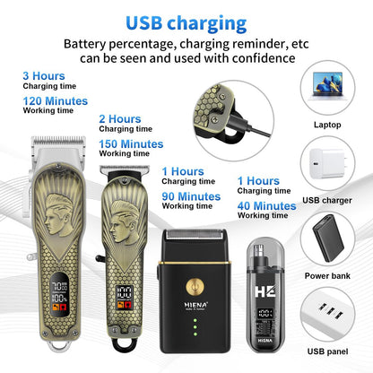 HIENA PRO Professional Hair Clippers for Men - Cordless Hair Clipper & Trimmer LED Haircut Set with Foil Shaver, Nose Trimmer, Rechargeable Clippers Avelisse