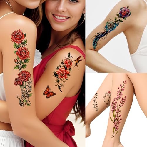Casciybo 3D Flower Temporary Tattoos for Women - 24 Sheets Colorful Rose & Butterfly Waterproof Body Art Stickers - görsel 6