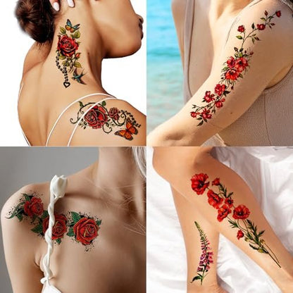 Casciybo 3D Flower Temporary Tattoos for Women - 24 Sheets Colorful Rose & Butterfly Waterproof Body Art Stickers