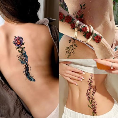 Casciybo 3D Flower Temporary Tattoos for Women - 24 Sheets Colorful Rose & Butterfly Waterproof Body Art Stickers