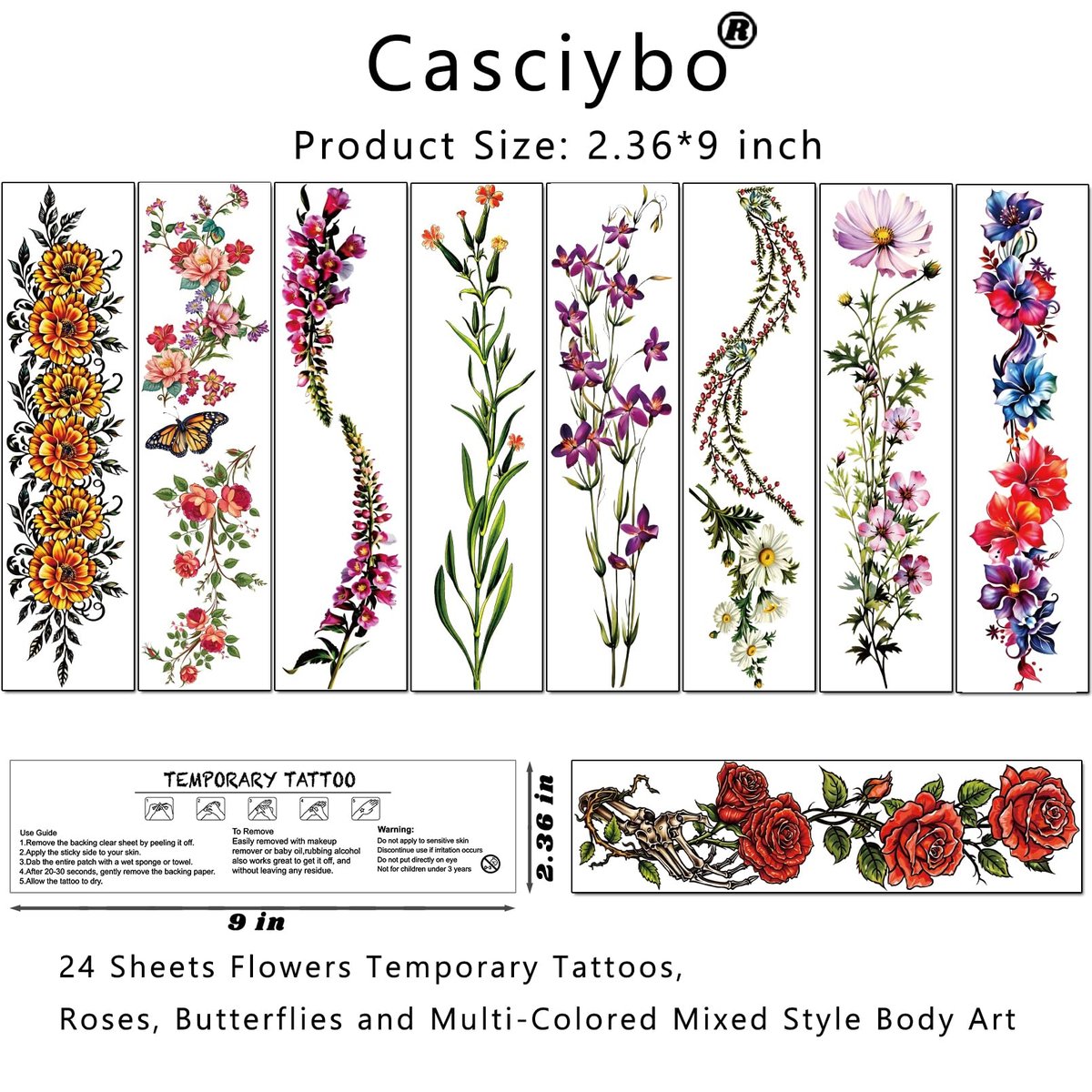 Casciybo 3D Flower Temporary Tattoos for Women - 24 Sheets Colorful Rose & Butterfly Waterproof Body Art Stickers - görsel 15