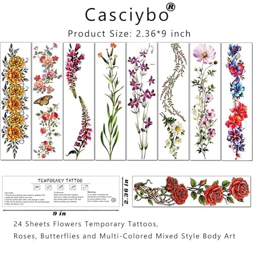 Casciybo 3D Flower Temporary Tattoos for Women - 24 Sheets Colorful Rose & Butterfly Waterproof Body Art Stickers - görsel 16