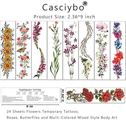 Casciybo 3D Flower Temporary Tattoos for Women - 24 Sheets Colorful Rose & Butterfly Waterproof Body Art Stickers