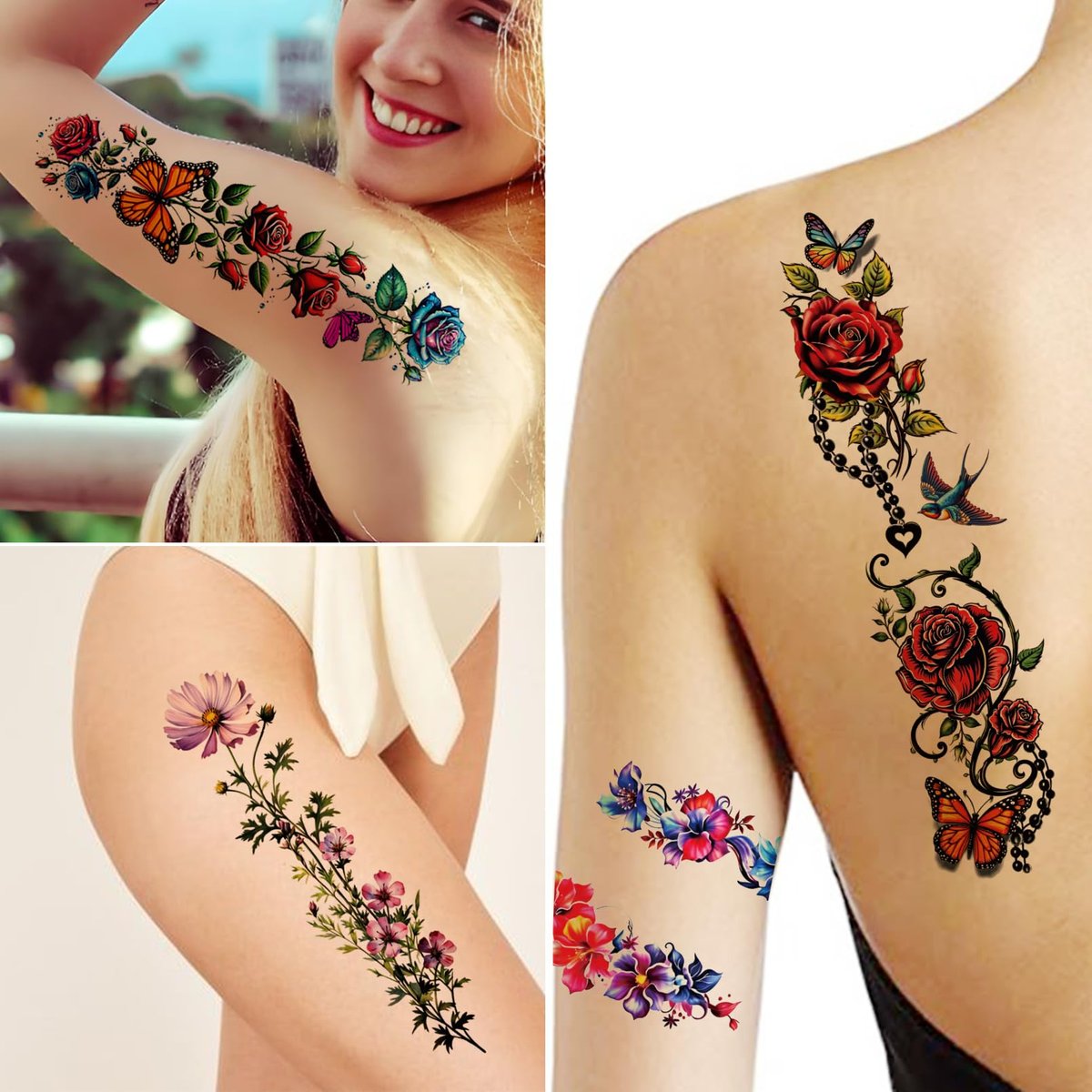 Casciybo 3D Flower Temporary Tattoos for Women - 24 Sheets Colorful Rose & Butterfly Waterproof Body Art Stickers - görsel 7