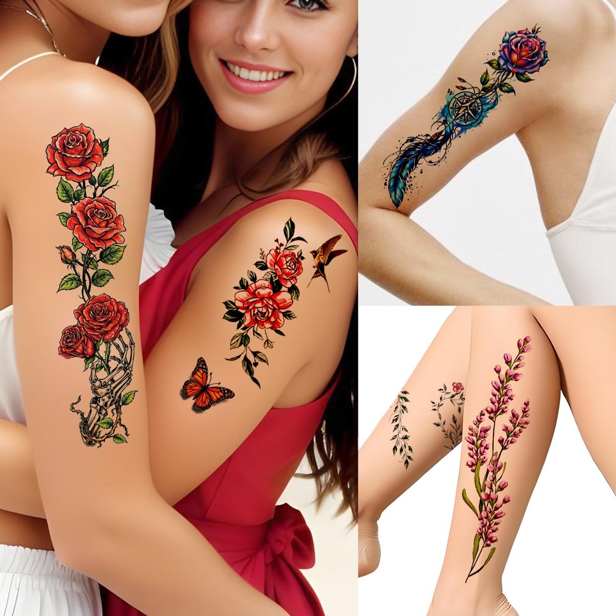 Casciybo 3D Flower Temporary Tattoos for Women - 24 Sheets Colorful Rose & Butterfly Waterproof Body Art Stickers - görsel 5