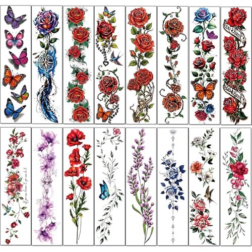 Casciybo 3D Flower Temporary Tattoos for Women - 24 Sheets Colorful Rose & Butterfly Waterproof Body Art Stickers - görsel 14