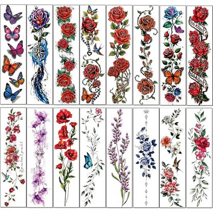 Casciybo 3D Flower Temporary Tattoos for Women - 24 Sheets Colorful Rose & Butterfly Waterproof Body Art Stickers