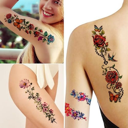 Casciybo 3D Flower Temporary Tattoos for Women - 24 Sheets Colorful Rose & Butterfly Waterproof Body Art Stickers