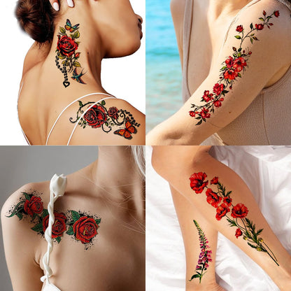 Casciybo 3D Flower Temporary Tattoos for Women - 24 Sheets Colorful Rose & Butterfly Waterproof Body Art Stickers