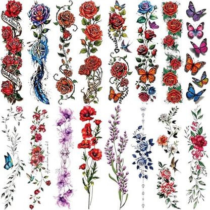 Casciybo 3D Flower Temporary Tattoos for Women - 24 Sheets Colorful Rose & Butterfly Waterproof Body Art Stickers