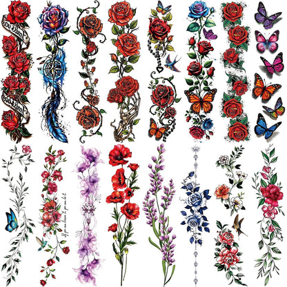 Casciybo 3D Flower Temporary Tattoos for Women - 24 Sheets Colorful Rose & Butterfly Waterproof Body Art Stickers