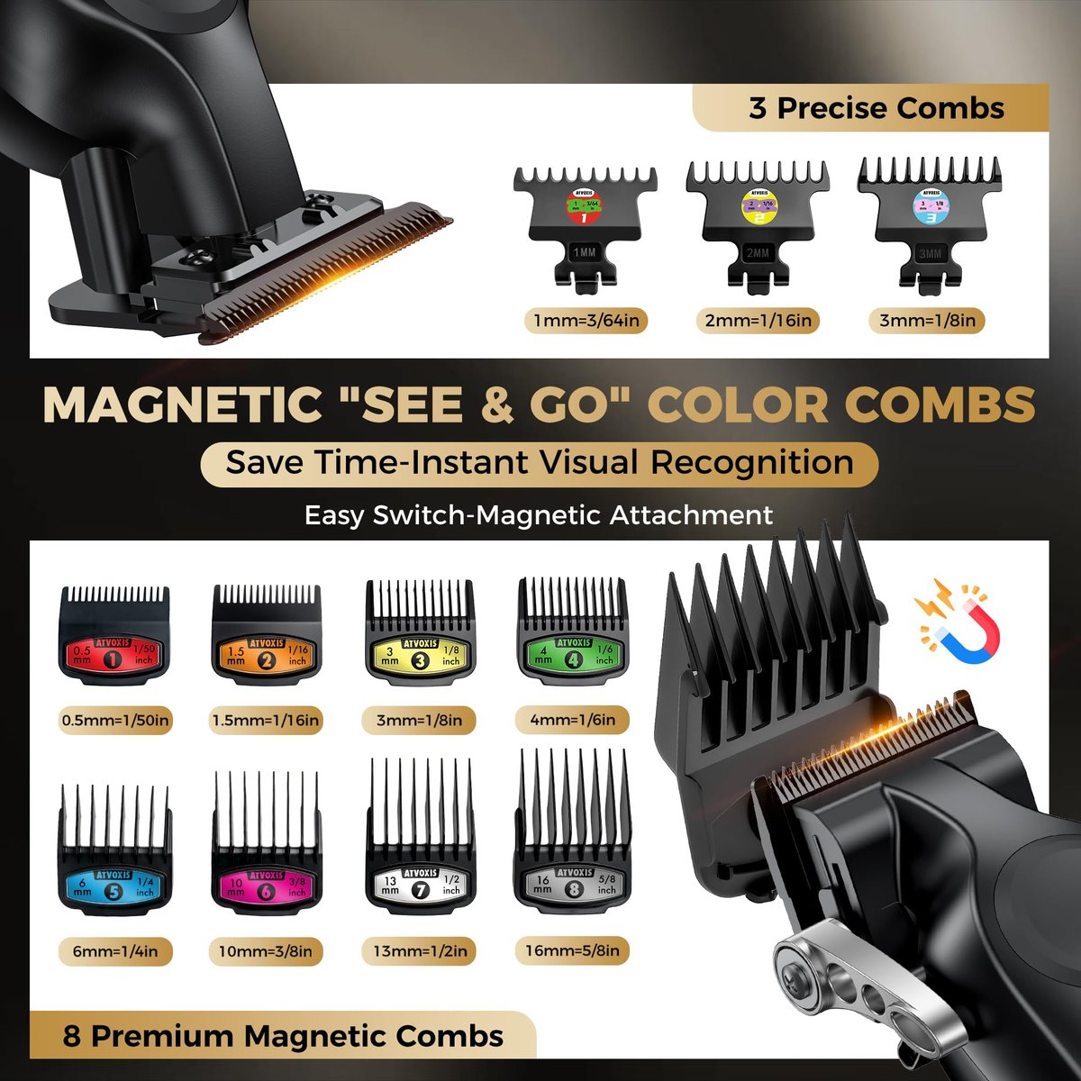 ATVOXIS Professional Cordless Hair Clippers for Men - Carbon Steel Blades, Barber Clippers and Trimmers Set, Hair Cutting Kit (Black) Avelisse