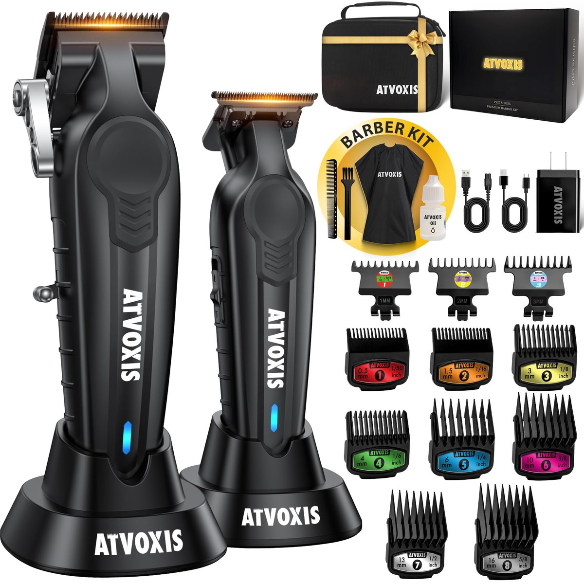 ATVOXIS Professional Cordless Hair Clippers for Men - Carbon Steel Blades, Barber Clippers and Trimmers Set, Hair Cutting Kit (Black) Avelisse