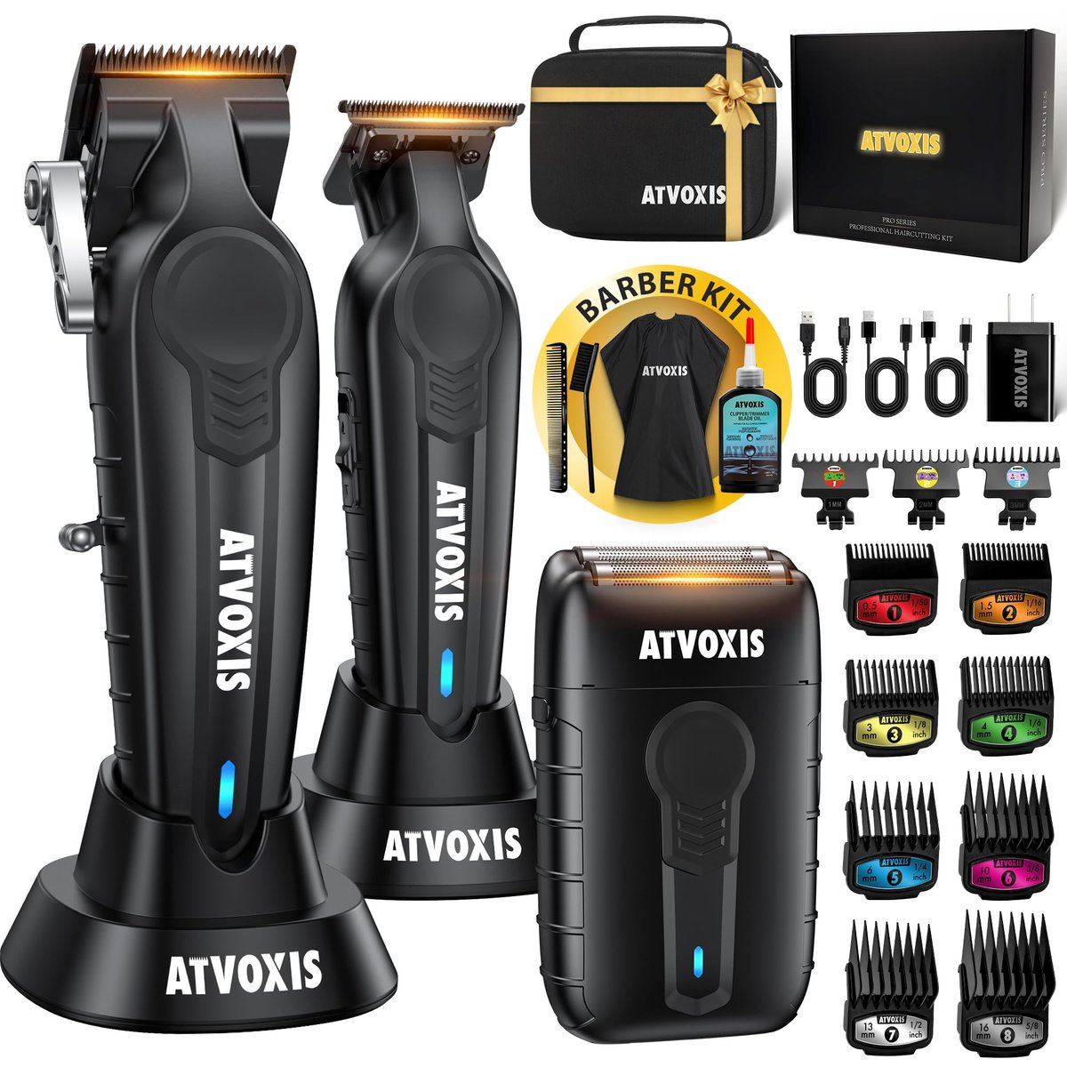 ATVOXIS Professional Hair Clippers for Men - Cordless Barber Clippers and Trimmers Set, Carbon Steel Blades, Jet Black Avelisse
