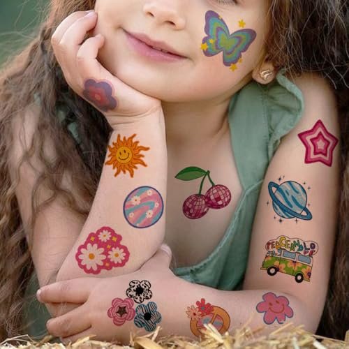 CHARLENT Glitter Groovy 70s Temporary Tattoos for Kids - 74 Individually Sheets Glitter Retro Flower Power, Smiley Decorations Tattoos Stickers for Boys Girls Party Supplies - görsel 8
