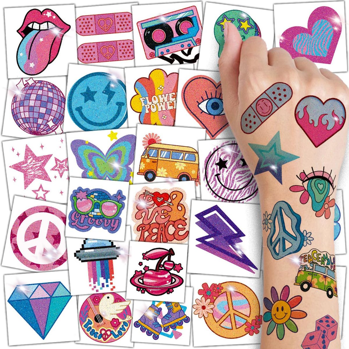CHARLENT Glitter Groovy 70s Temporary Tattoos for Kids - 74 Individually Sheets Glitter Retro Flower Power, Smiley Decorations Tattoos Stickers for Boys Girls Party Supplies - görsel 1
