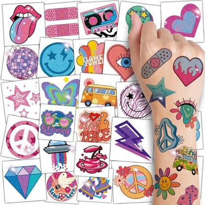 CHARLENT Glitter Groovy 70s Temporary Tattoos for Kids - 74 Individually Sheets Glitter Retro Flower Power, Smiley Decorations Tattoos Stickers for Boys Girls Party Supplies