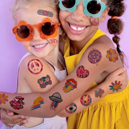 CHARLENT Glitter Groovy 70s Temporary Tattoos for Kids - 74 Individually Sheets Glitter Retro Flower Power, Smiley Decorations Tattoos Stickers for Boys Girls Party Supplies