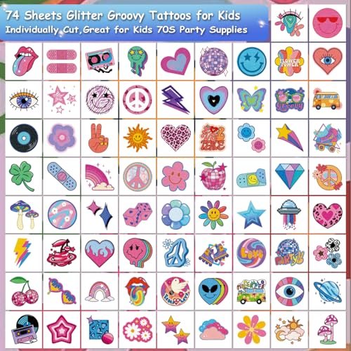 CHARLENT Glitter Groovy 70s Temporary Tattoos for Kids - 74 Individually Sheets Glitter Retro Flower Power, Smiley Decorations Tattoos Stickers for Boys Girls Party Supplies - görsel 4