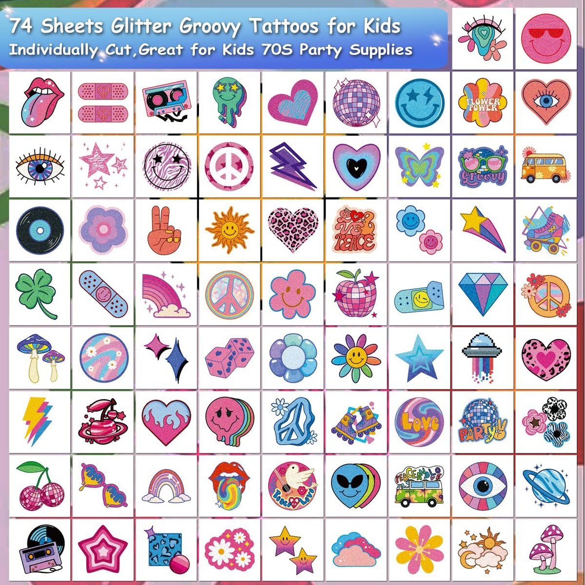 CHARLENT Glitter Groovy 70s Temporary Tattoos for Kids - 74 Individually Sheets Glitter Retro Flower Power, Smiley Decorations Tattoos Stickers for Boys Girls Party Supplies - görsel 3