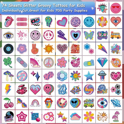 CHARLENT Glitter Groovy 70s Temporary Tattoos for Kids - 74 Individually Sheets Glitter Retro Flower Power, Smiley Decorations Tattoos Stickers for Boys Girls Party Supplies