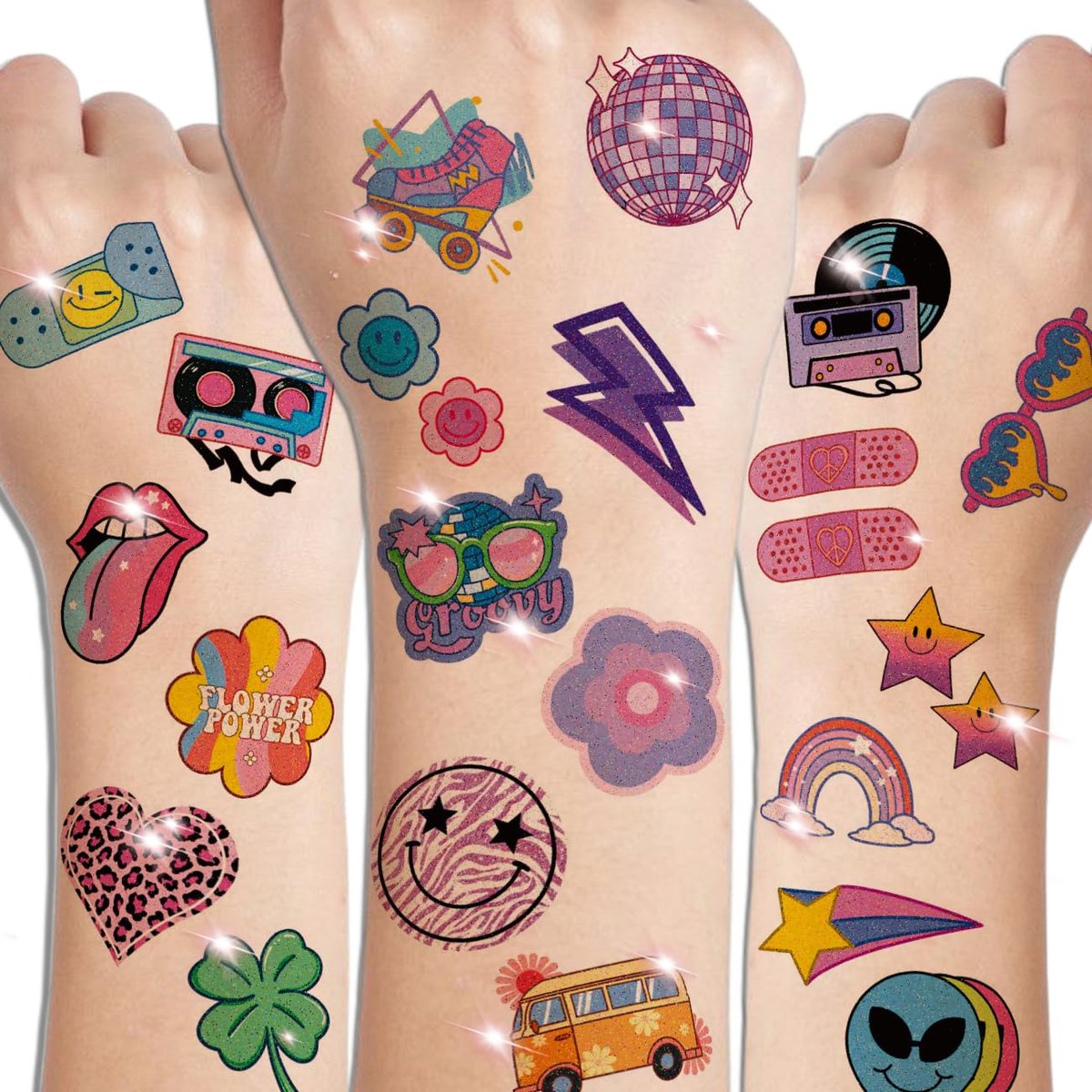 CHARLENT Glitter Groovy 70s Temporary Tattoos for Kids - 74 Individually Sheets Glitter Retro Flower Power, Smiley Decorations Tattoos Stickers for Boys Girls Party Supplies - görsel 5