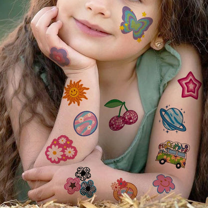 CHARLENT Glitter Groovy 70s Temporary Tattoos for Kids - 74 Individually Sheets Glitter Retro Flower Power, Smiley Decorations Tattoos Stickers for Boys Girls Party Supplies