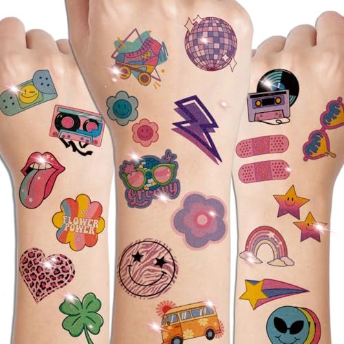 CHARLENT Glitter Groovy 70s Temporary Tattoos for Kids - 74 Individually Sheets Glitter Retro Flower Power, Smiley Decorations Tattoos Stickers for Boys Girls Party Supplies - görsel 6