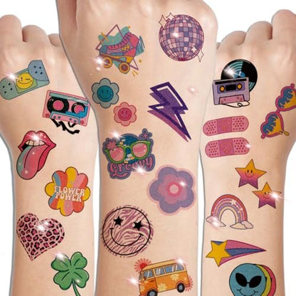 CHARLENT Glitter Groovy 70s Temporary Tattoos for Kids - 74 Individually Sheets Glitter Retro Flower Power, Smiley Decorations Tattoos Stickers for Boys Girls Party Supplies